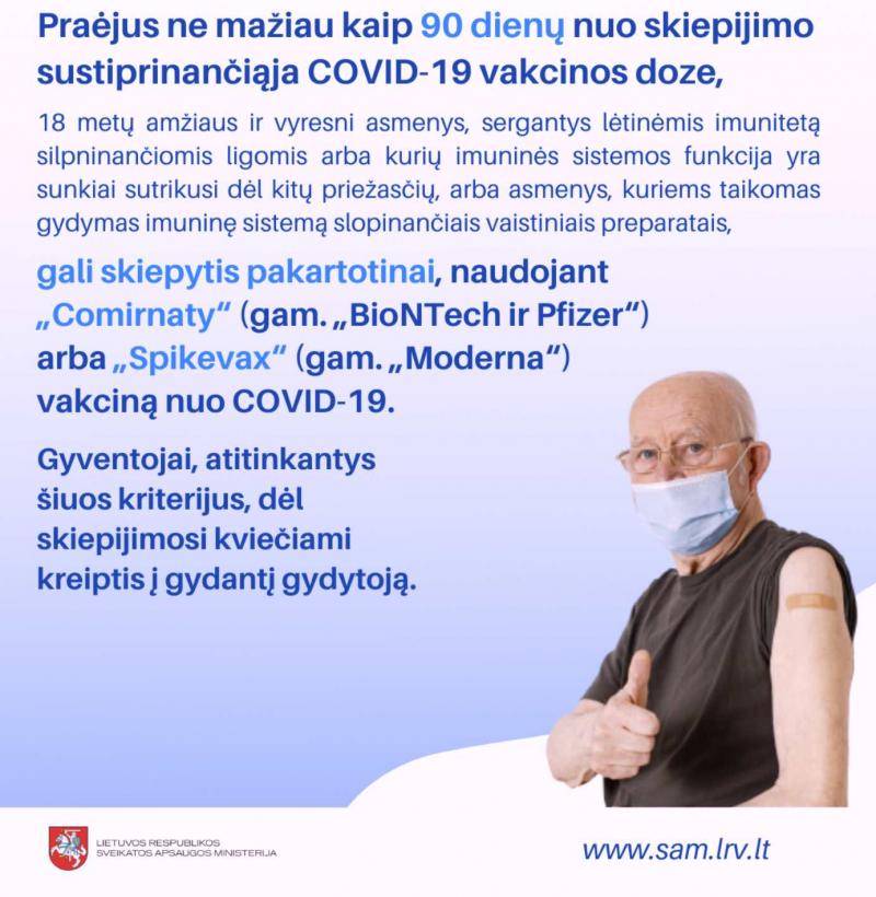 Lietuvoje įsibėgėja vakcinavimas ketvirtąja sustiprinamąja doze nuo COVID-19 ligos