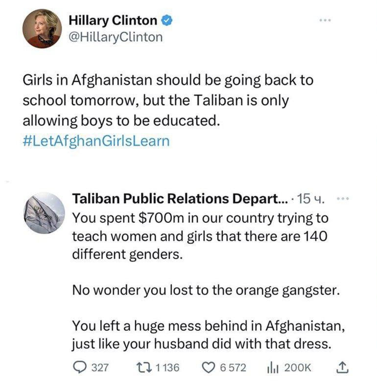 Linksmas dialogas tarp Hillary Clinton ir oficialios Talibano vyriausybės