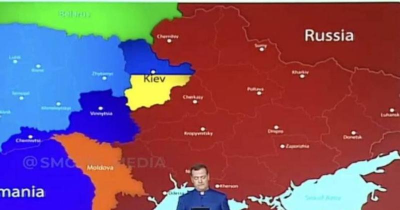 Sočio forume D. Medvedevas parodė žemėlapį, kuriame Ukraina padalinta į keturias valstybes