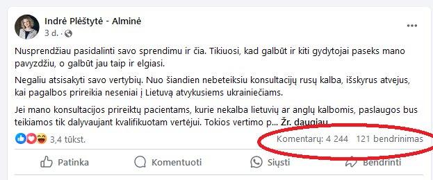 Indrės Pleškytės-Alminės pareiškimas apie nenorą padėti pacientams, kurie kalba rusiškai